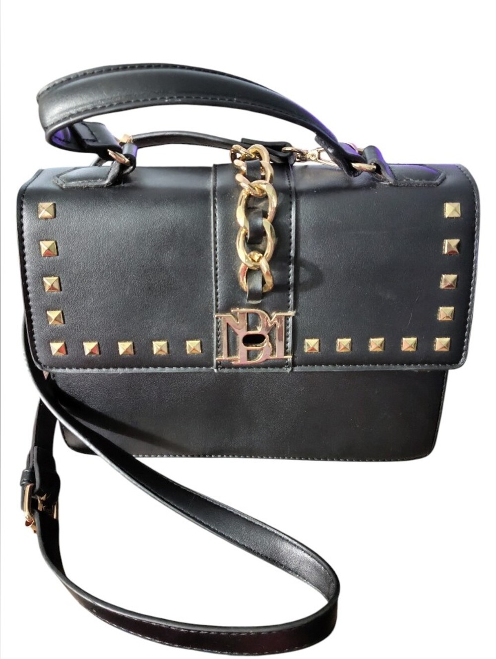 Badgley Mischka Black Vegan Leather Crossbody with Gold Chain Accent & Studs EUC